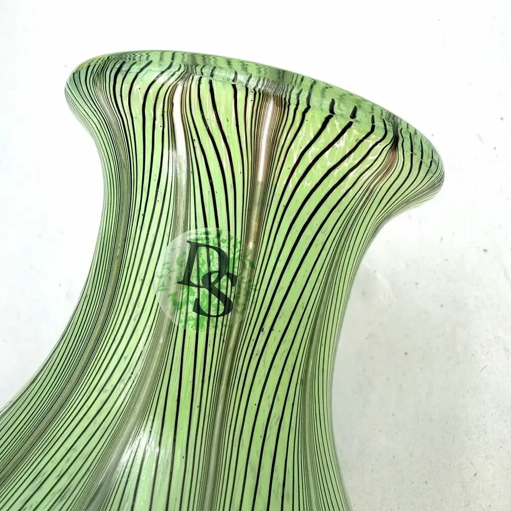 Boho Blue Green Pulled Feather Murano Style Art Glass Vase Hand Blown 12.75